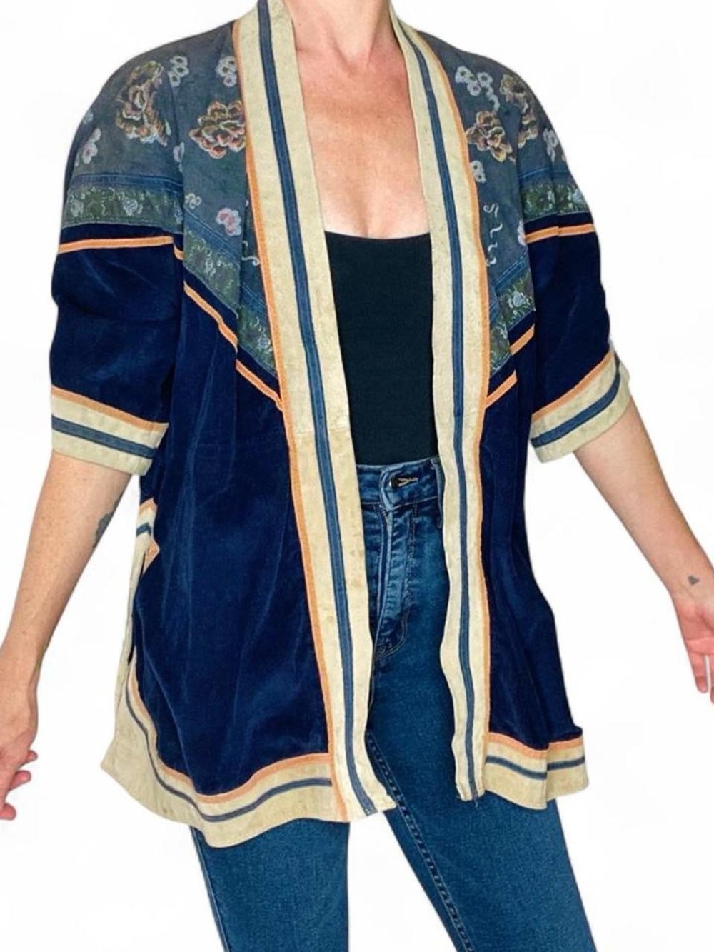 Vintage 70’s Collage Sport Navy Blue Leather Corduroy Floral Peacock Cardigan